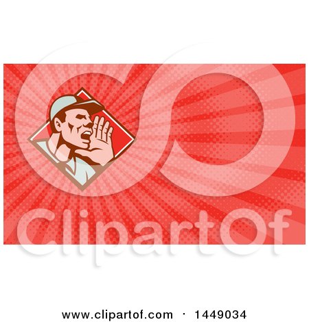 Clipart of a Retro Worker Holding up His Hand and Shouting in a Diamond and Red Rays Background or Business Card Design - Royalty Free Illustration by patrimonio