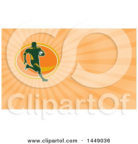 Clipart of a Rugby Player Running and Orange Rays Background or Business Card Design - Royalty Free Illustration by patrimonio