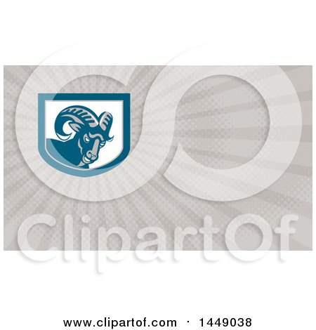 Clipart of a Retro Angry Ram Goat in a Shield and Rays Background or Business Card Design - Royalty Free Illustration by patrimonio