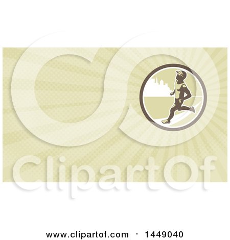 Clipart of a Retro Male Marathon Runner in an Urban Circle and Green Rays Background or Business Card Design - Royalty Free Illustration by patrimonio