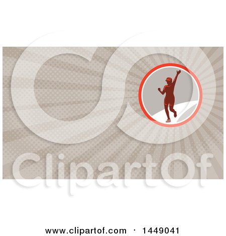Clipart of a Retro Female Marathon Runner Waving and Rays Background or Business Card Design - Royalty Free Illustration by patrimonio