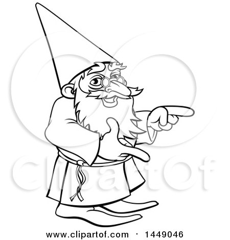 Clipart Graphic of a Black and White Lineart Old Wizard Pointing - Royalty Free Vector Illustration by AtStockIllustration
