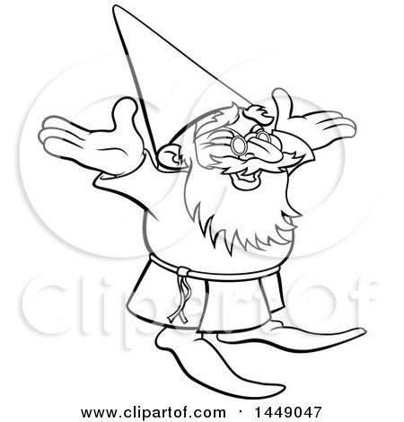 Clipart Graphic of a Black and White Lineart Old Wizard Cheering - Royalty Free Vector Illustration by AtStockIllustration