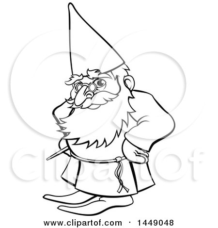 Clipart Graphic of a Black and White Lineart Old Wizard - Royalty Free Vector Illustration by AtStockIllustration