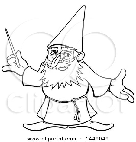 Clipart Graphic of a Black and White Lineart Old Wizard Holding a Magic Wand - Royalty Free Vector Illustration by AtStockIllustration