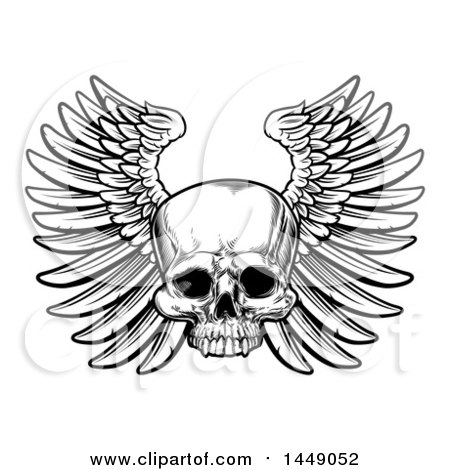 Clipart Graphic of a Black and White Woodcut Etched or Engraved Winged Human Skull - Royalty Free Vector Illustration by AtStockIllustration