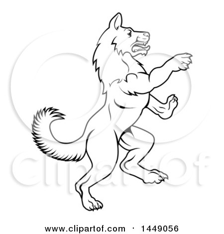 Clipart Graphic of a Black and White Lineart Rearing Rampant Dog - Royalty Free Vector Illustration by AtStockIllustration