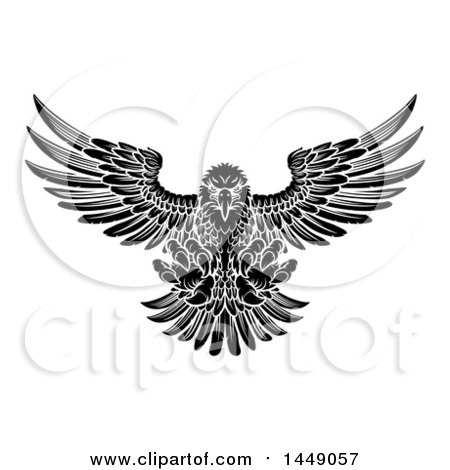 Clipart Graphic of a Black and White Fierce Swooping Bald Eagle with Talons Extended, Flying Forward - Royalty Free Vector Illustration by AtStockIllustration