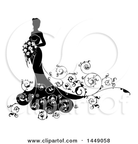 Clipart Graphic of a Silhouetted Black and White Bride Holding a Bouquet - Royalty Free Vector Illustration by AtStockIllustration