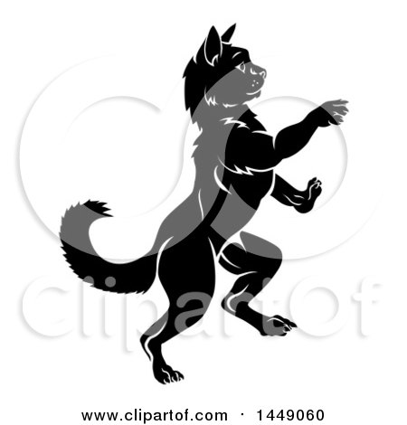 Clipart Graphic of a Black and White Silhouetted Heraldic Rearing Rampant Cat - Royalty Free Vector Illustration by AtStockIllustration