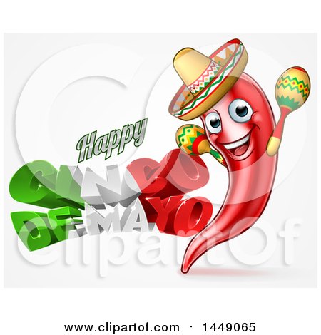 Clipart Graphic of a 3d Mexican Flag Colored Happy Cinco De Mayo Text Design with a Chile Pepper Mascot Holding Maracas - Royalty Free Vector Illustration by AtStockIllustration