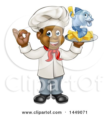 Clipart Graphic of a Cartoon Full Length Happy Young Black Male Chef Holding a Fish Character and Chips on a Tray - Royalty Free Vector Illustration by AtStockIllustration