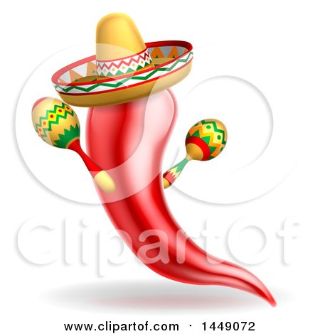 Clipart Graphic of a Chile Pepper Mascot Character Playing Maracas and Wearing a Sombrero, Celebrating Cinco De Mayo - Royalty Free Vector Illustration by AtStockIllustration