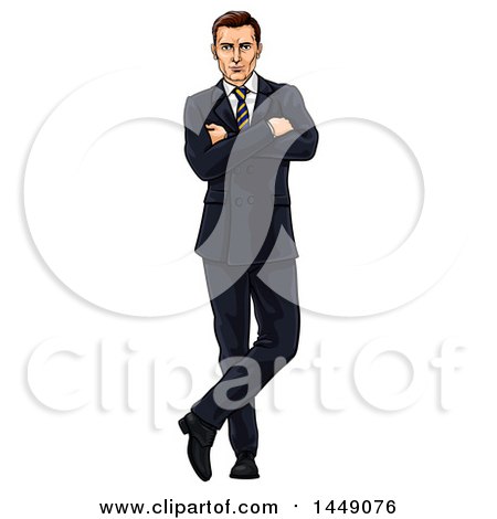 Clipart Graphic of a Handsome and Confident Caucasian Businessman Standing with Folded Arms and One Ankle over the Other - Royalty Free Vector Illustration by AtStockIllustration