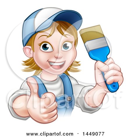 Clipart Graphic of a Cartoon Happy White Female Painter in a Baseball Cap, Holding up a Thumb and Brush - Royalty Free Vector Illustration by AtStockIllustration