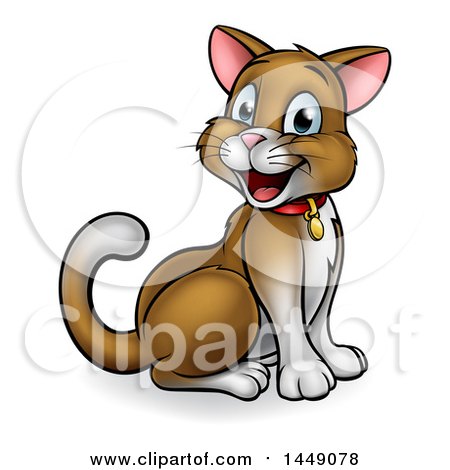 Clipart Graphic of a Cartoon Happy Sitting Brown and White Kitty Cat - Royalty Free Vector Illustration by AtStockIllustration