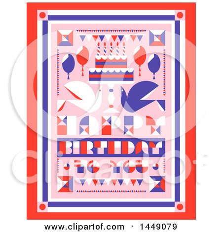 Clipart Graphic of a Retro Happy Birthday to You Greeting with Doves and a Cake - Royalty Free Vector Illustration by elena