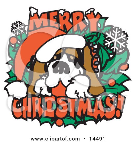 Christmas St Bernard Dog Wearing a Santa Hat Clipart Illustration by Andy Nortnik