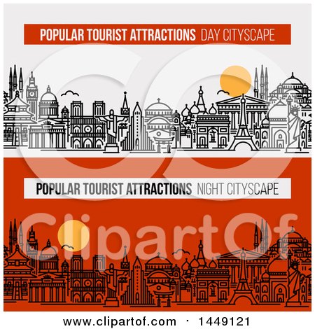 Clipart Graphic of Line Styled City Skylines with World's Most Popular Tourist Locations and Text - Royalty Free Vector Illustration by elena