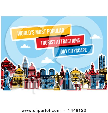 Clipart Graphic of a Colorful Line Styled City Skyline with the World's Most Popular Tourist Attractions and Text - Royalty Free Vector Illustration by elena