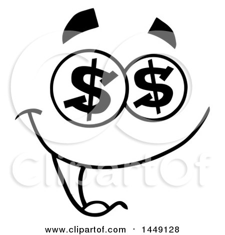 Clipart Graphic of a Black and White Greedy Face with Dollar Eyes - Royalty Free Vector Illustration by Hit Toon