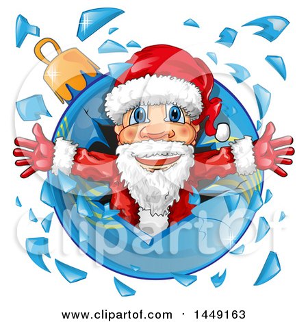 Clipart Graphic of a Happy Christmas Santa Claus Breaking Through a Glass Bauble - Royalty Free Vector Illustration by Domenico Condello