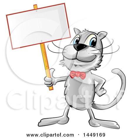 Clipart Graphic of a Cartoon Happy Gray Cat Holding a Blank Sign - Royalty Free Vector Illustration by Domenico Condello
