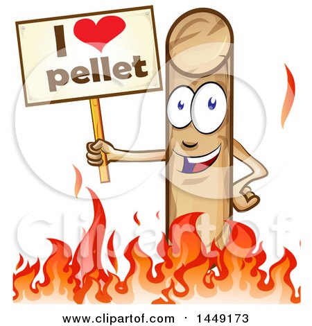 Clipart Graphic of a Cartoon Fire Pellet Mascot Holding a Sign in Flames - Royalty Free Vector Illustration by Domenico Condello