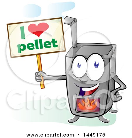 Clipart Graphic of a Cartoon Pellet Stove Mascot Holding a Sign - Royalty Free Vector Illustration by Domenico Condello
