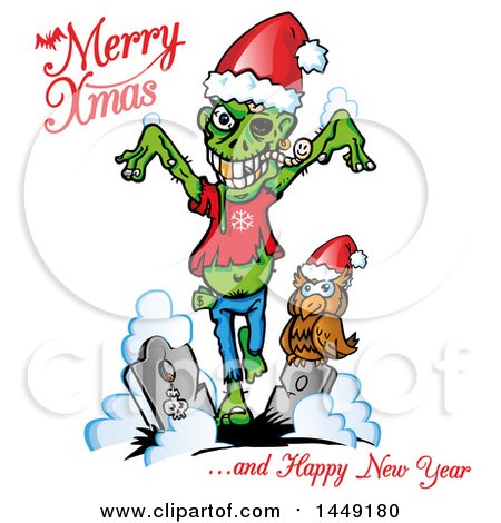Clipart Graphic of a Christmas Zombie and Owl in a Cemetery, with Greetings - Royalty Free Vector Illustration by Domenico Condello