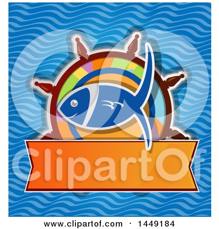 Clipart Graphic of a Ship Steering Wheel Helm and Fish on a Menu Cover - Royalty Free Vector Illustration by Domenico Condello