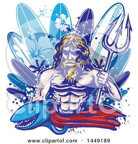 Clipart Graphic of a Shark and Poseidon with Surfboards - Royalty Free Vector Illustration by Domenico Condello