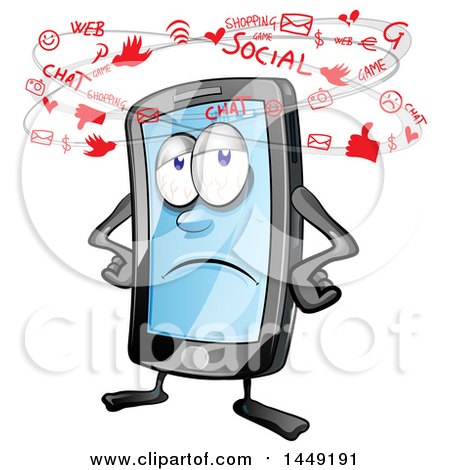 Clipart Graphic of a Cartoon Exhausted Smart Phone Mascot Seeing Social Media Icons - Royalty Free Vector Illustration by Domenico Condello