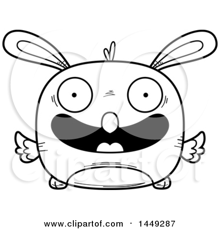 Clipart Graphic of a Cartoon Black and White Lineart Happy Easter Bunny Chick Character Mascot - Royalty Free Vector Illustration by Cory Thoman