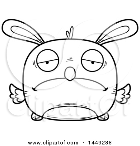 Clipart Graphic of a Cartoon Black and White Lineart Sad Easter Bunny Chick Character Mascot - Royalty Free Vector Illustration by Cory Thoman