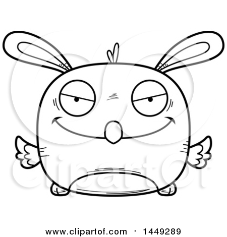 Clipart Graphic of a Cartoon Black and White Lineart Sly Easter Bunny Chick Character Mascot - Royalty Free Vector Illustration by Cory Thoman