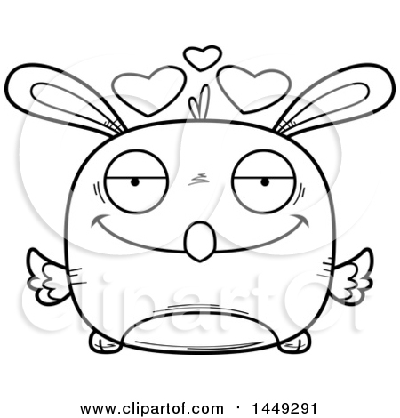 Clipart Graphic of a Cartoon Black and White Lineart Loving Easter Bunny Chick Character Mascot - Royalty Free Vector Illustration by Cory Thoman