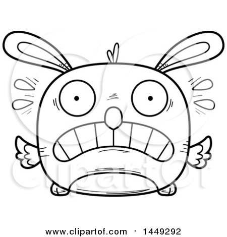 Clipart Graphic of a Cartoon Black and White Lineart Scared Easter Bunny Chick Character Mascot - Royalty Free Vector Illustration by Cory Thoman