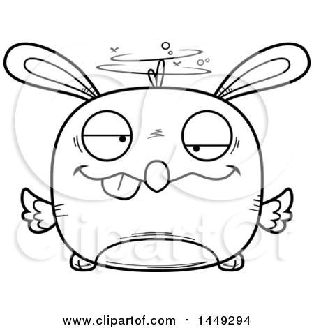 Clipart Graphic of a Cartoon Black and White Lineart Drunk Easter Bunny Chick Character Mascot - Royalty Free Vector Illustration by Cory Thoman