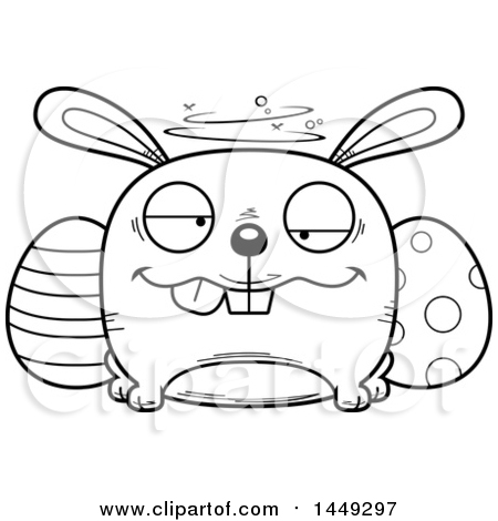 Clipart Graphic of a Cartoon Black And White Lineart Drunk Easter Bunny Character Mascot - Royalty Free Vector Illustration by Cory Thoman
