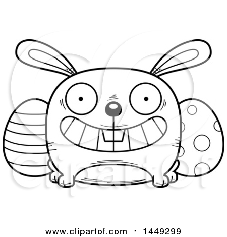 Clipart Graphic of a Cartoon Black And White Lineart Grinning Easter Bunny Character Mascot - Royalty Free Vector Illustration by Cory Thoman