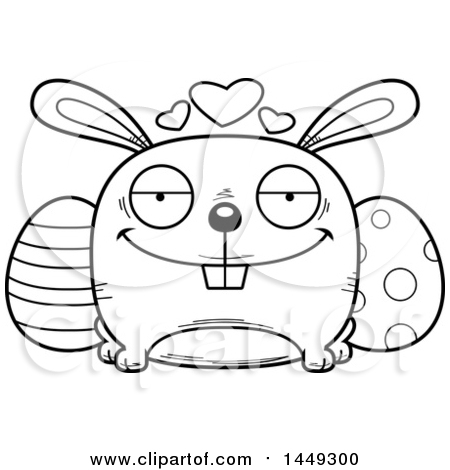 Clipart Graphic of a Cartoon Black And White Lineart Loving Easter Bunny Character Mascot - Royalty Free Vector Illustration by Cory Thoman