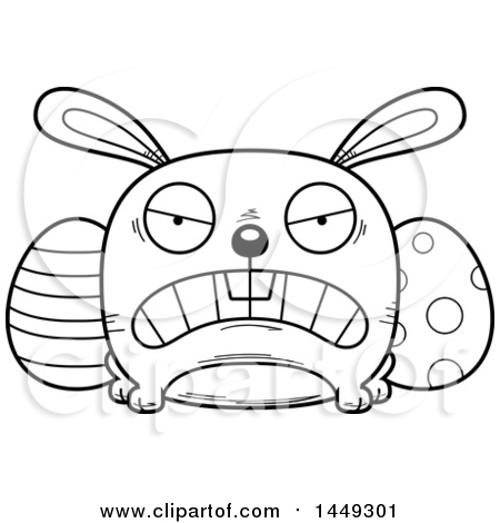 Clipart Graphic of a Cartoon Black And White Lineart Mad Easter Bunny Character Mascot - Royalty Free Vector Illustration by Cory Thoman