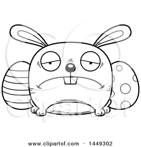 Clipart Graphic of a Cartoon Black And White Lineart Sad Easter Bunny Character Mascot - Royalty Free Vector Illustration by Cory Thoman