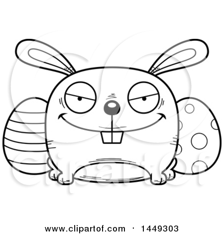 Clipart Graphic of a Cartoon Black And White Lineart Sly Easter Bunny Character Mascot - Royalty Free Vector Illustration by Cory Thoman