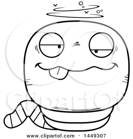 Clipart Graphic of a Cartoon Black and White Lineart Drunk Worm Character Mascot - Royalty Free Vector Illustration by Cory Thoman