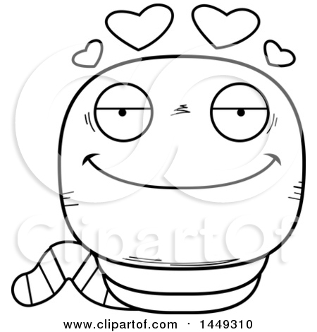 Clipart Graphic of a Cartoon Black and White Lineart Loving Worm Character Mascot - Royalty Free Vector Illustration by Cory Thoman