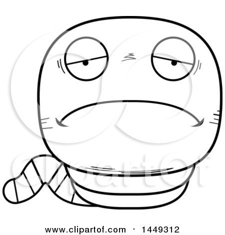 Clipart Graphic of a Cartoon Black and White Lineart Sad Worm Character Mascot - Royalty Free Vector Illustration by Cory Thoman