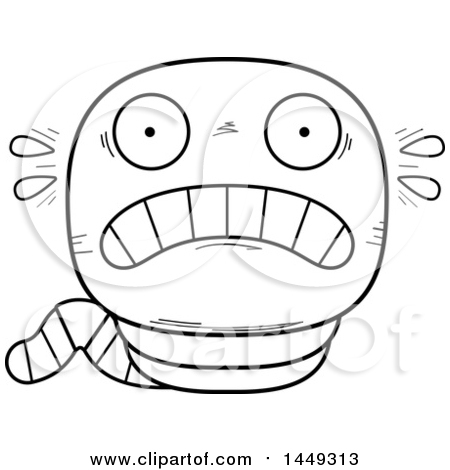 Clipart Graphic of a Cartoon Black and White Lineart Scared Worm Character Mascot - Royalty Free Vector Illustration by Cory Thoman