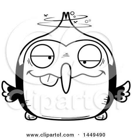 Clipart Graphic of a Cartoon Black and White Lineart Drunk Woodpecker Character Mascot - Royalty Free Vector Illustration by Cory Thoman